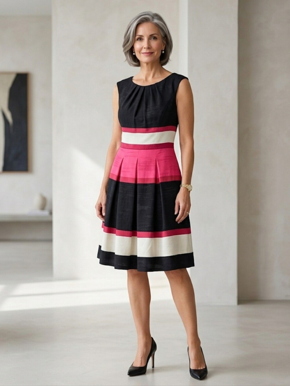 Saks Fifth Avenue Black Label Pink Cream Striped Sleeveless Lined Pleated Dress